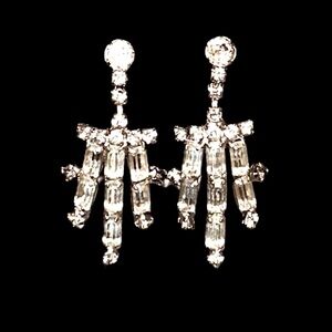 Vintage 1950’s Clear Rhinestone Screw Back Dangle Earrings With Baguettes.